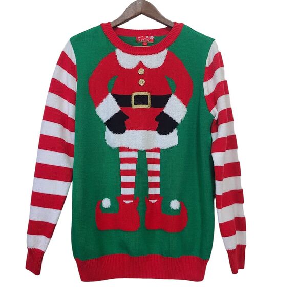 To be Jolly Womens Ugly Christmas Sweater Elf Striped Sleeves Holiday Sz Large - Picture 1 of 10